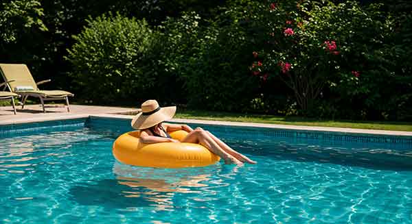Piscine enterrée familiale dans un jardin paysager dans les Landes
